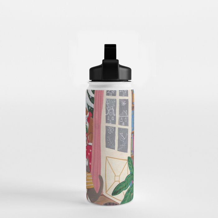 Cats in the Window at a Snowy Christmas in Bright Colours Water Bottle Gallery Image 2