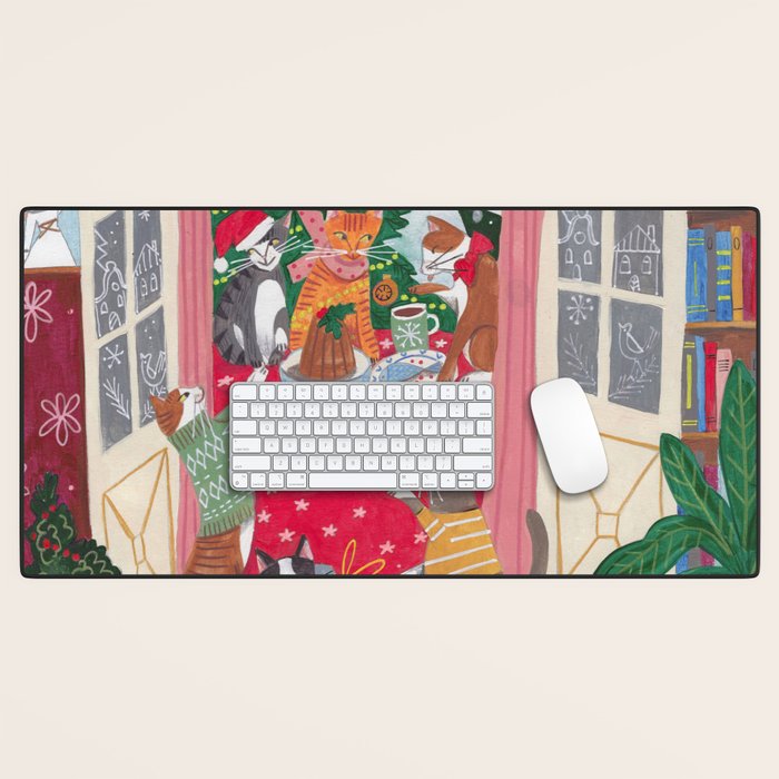 Cats in the Window at a Snowy Christmas in Bright Colours Desk Mat Gallery Image 1