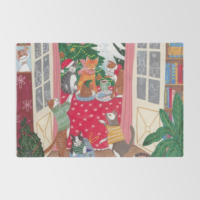 Cats in the Window at a Snowy Christmas in Bright Colours Rug Gallery Image 2