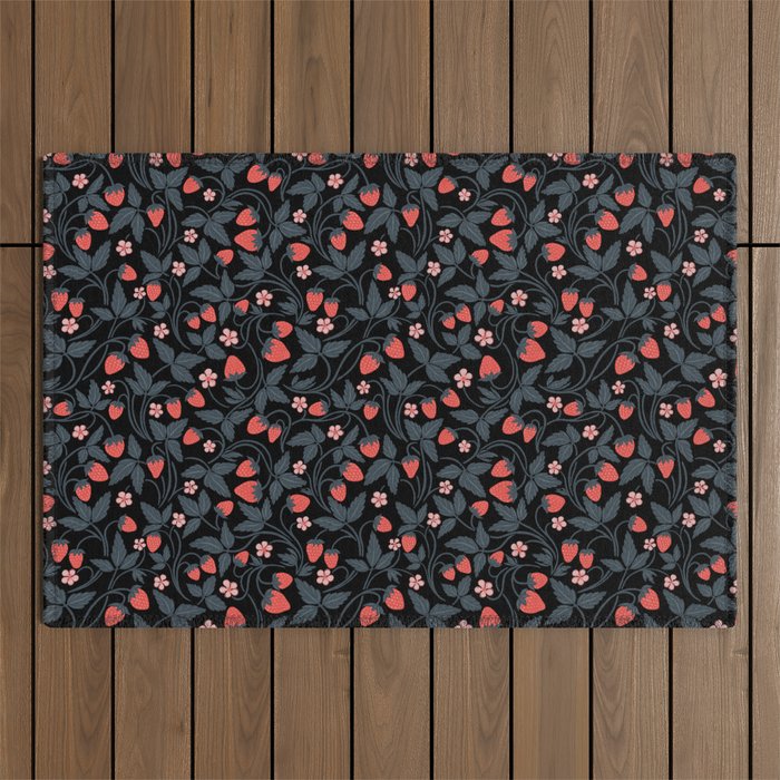 Strawberries - red and slate on black Outdoor Rug Gallery Image 1