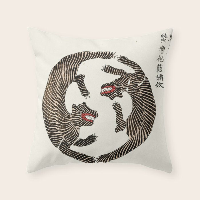 Japanese Tigers By Yatsuo No Tsubaki Throw Pillow Gallery Image 1