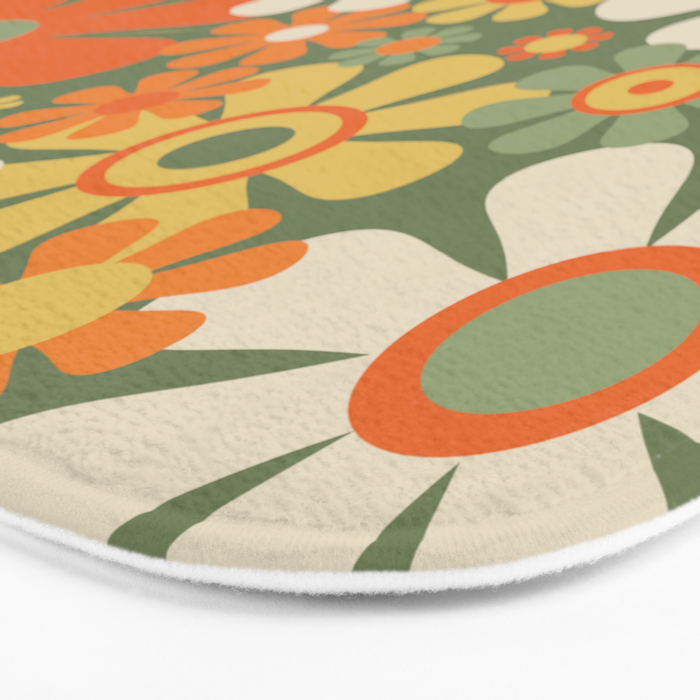 Retro Garden Flowers Groovy 60s 70s Floral Pattern in Mossy Sage Green Orange Yellow Bath Mat Gallery Image 3