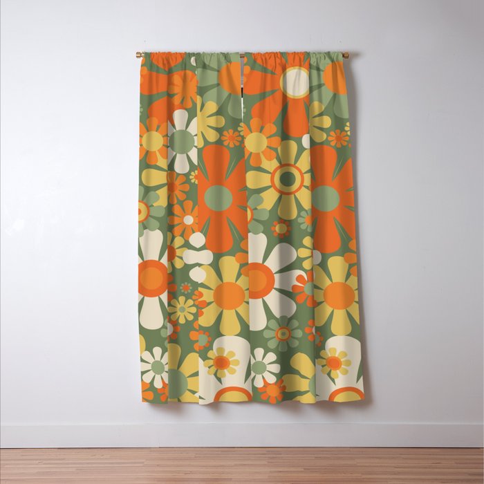 Retro Garden Flowers Groovy 60s 70s Floral Pattern in Mossy Sage Green Orange Yellow Window Curtain Gallery Image 3