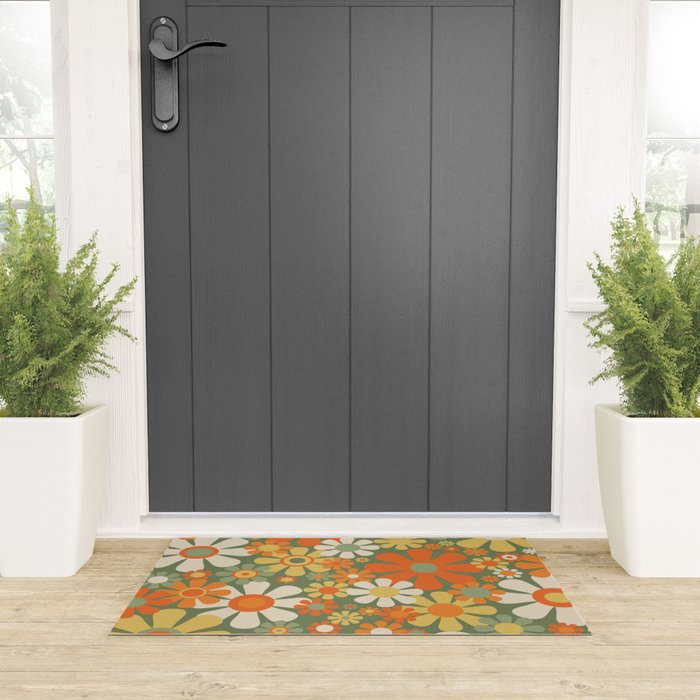 Retro Garden Flowers Groovy 60s 70s Floral Pattern in Mossy Sage Green Orange Yellow Welcome Mat Gallery Image 3