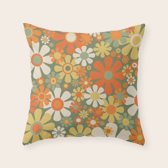 Retro Garden Flowers Groovy 60s 70s Floral Pattern in Mossy Sage Green Orange Yellow Throw Pillow Gallery Image 1