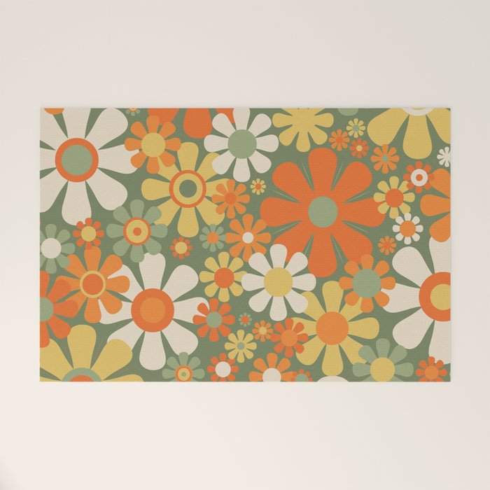 Retro Garden Flowers Groovy 60s 70s Floral Pattern in Mossy Sage Green Orange Yellow Welcome Mat Gallery Image 1
