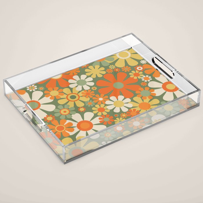 Retro Garden Flowers Groovy 60s 70s Floral Pattern in Mossy Sage Green Orange Yellow Acrylic Tray Gallery Image 1