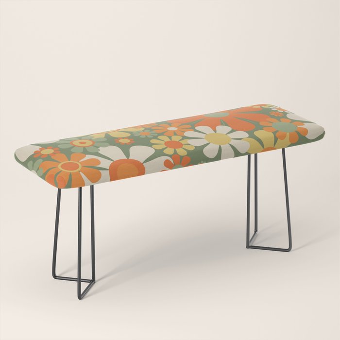 Retro Garden Flowers Groovy 60s 70s Floral Pattern in Mossy Sage Green Orange Yellow Bench Gallery Image 1