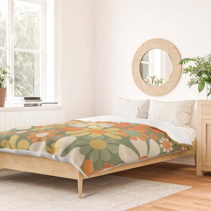 Retro Garden Flowers Groovy 60s 70s Floral Pattern in Mossy Sage Green Orange Yellow Duvet Cover Gallery Image 2