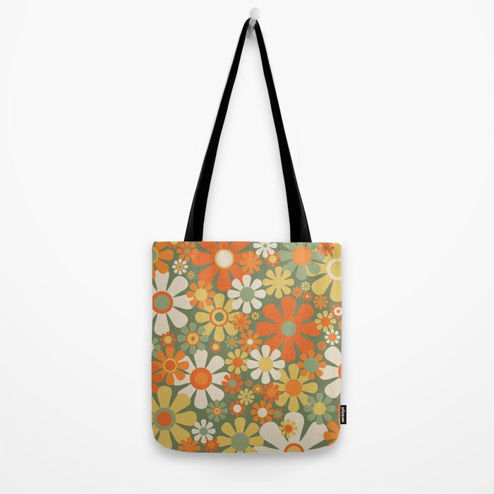 Retro Garden Flowers Groovy 60s 70s Floral Pattern in Mossy Sage Green Orange Yellow Tote Bag Gallery Image 2