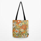 Retro Garden Flowers Groovy 60s 70s Floral Pattern in Mossy Sage Green Orange Yellow Tote Bag Gallery Image 2