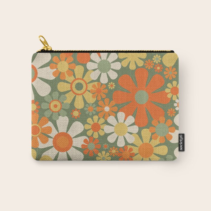 Retro Garden Flowers Groovy 60s 70s Floral Pattern in Mossy Sage Green Orange Yellow Carry All Pouch Gallery Image 1