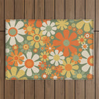 Retro Garden Flowers Groovy 60s 70s Floral Pattern in Mossy Sage Green Orange Yellow Outdoor Rug Gallery Image 1