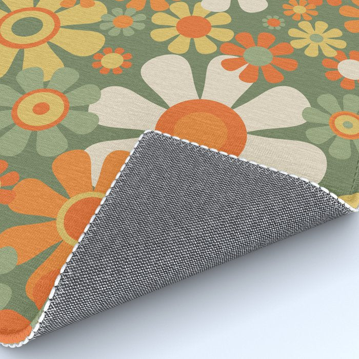 Retro Garden Flowers Groovy 60s 70s Floral Pattern in Mossy Sage Green Orange Yellow Rug Gallery Image 4