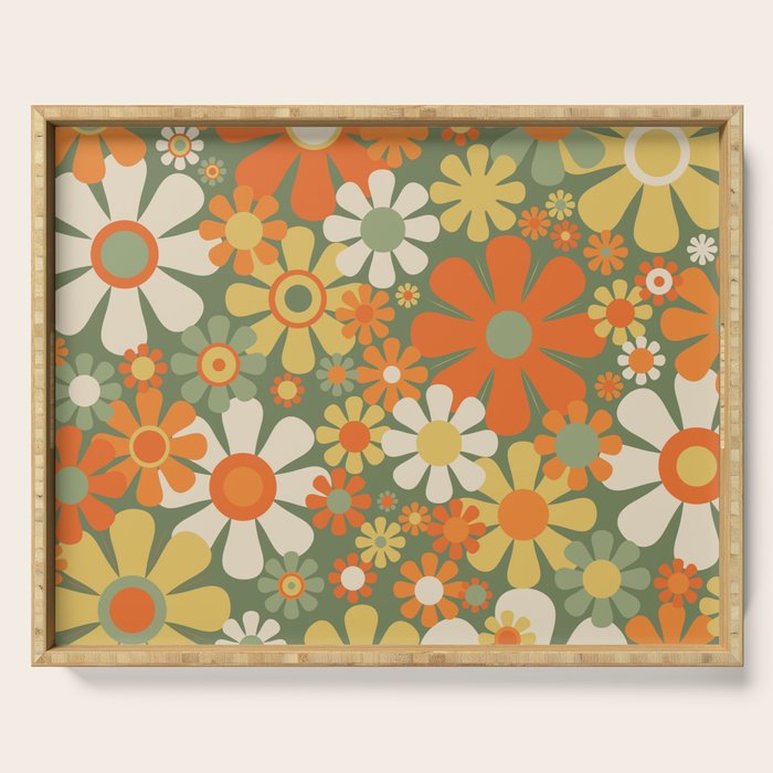Retro Garden Flowers Groovy 60s 70s Floral Pattern in Mossy Sage Green Orange Yellow Serving Tray Gallery Image 1