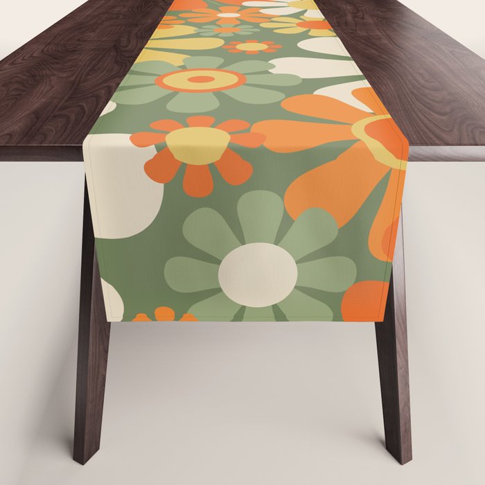 Retro Garden Flowers Groovy 60s 70s Floral Pattern in Mossy Sage Green Orange Yellow Table Runner Gallery Image 1