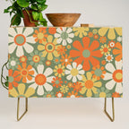 Retro Garden Flowers Groovy 60s 70s Floral Pattern in Mossy Sage Green Orange Yellow Credenza Gallery Image 1