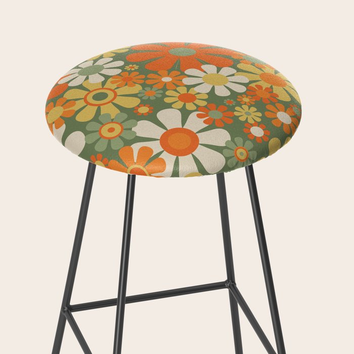 Retro Garden Flowers Groovy 60s 70s Floral Pattern in Mossy Sage Green Orange Yellow Stool Gallery Image 2