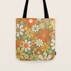 Retro Garden Flowers Groovy 60s 70s Floral Pattern in Mossy Sage Green Orange Yellow Tote Bag Gallery Image 1