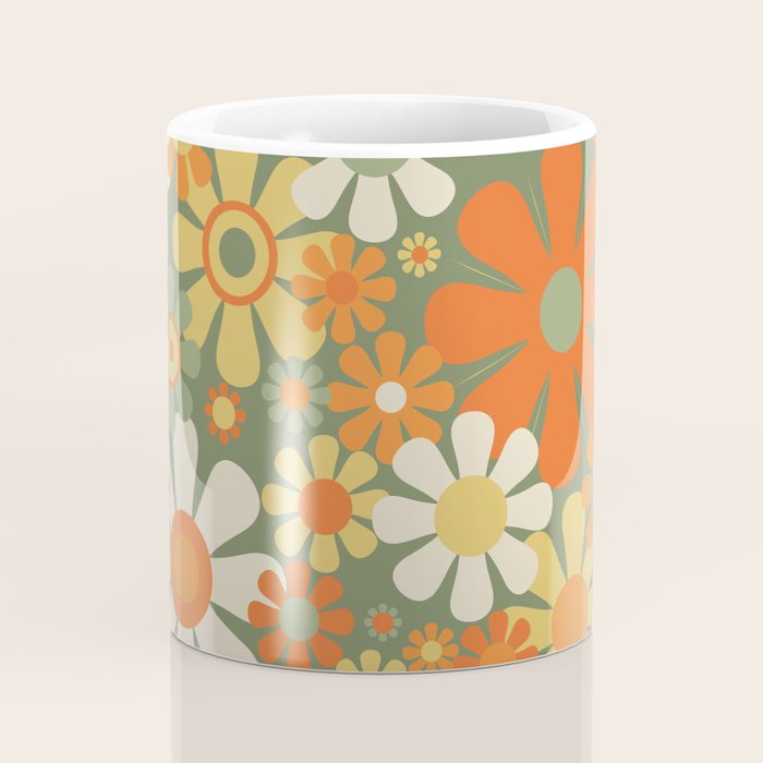 Retro Garden Flowers Groovy 60s 70s Floral Pattern in Mossy Sage Green Orange Yellow Coffee Mug Gallery Image 4