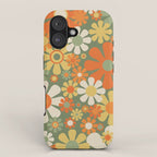 Retro Garden Flowers Groovy 60s 70s Floral Pattern in Mossy Sage Green Orange Yellow iPhone Case Gallery Image 1