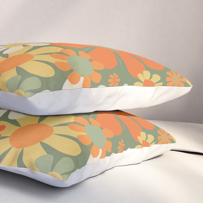Retro Garden Flowers Groovy 60s 70s Floral Pattern in Mossy Sage Green Orange Yellow Pillow Sham Gallery Image 3