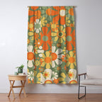 Retro Garden Flowers Groovy 60s 70s Floral Pattern in Mossy Sage Green Orange Yellow Window Curtain Gallery Image 5