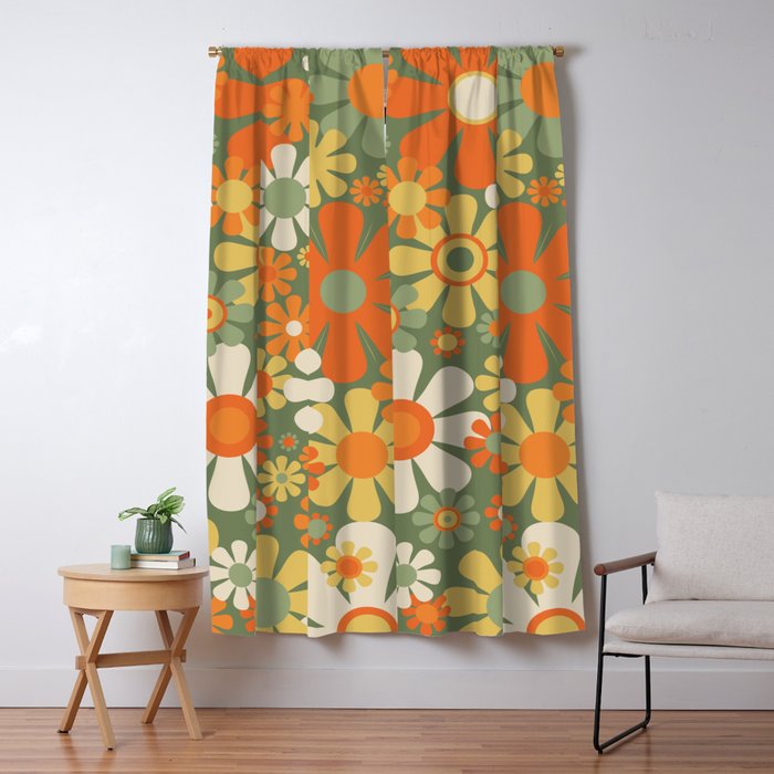 Retro Garden Flowers Groovy 60s 70s Floral Pattern in Mossy Sage Green Orange Yellow Window Curtain Gallery Image 5