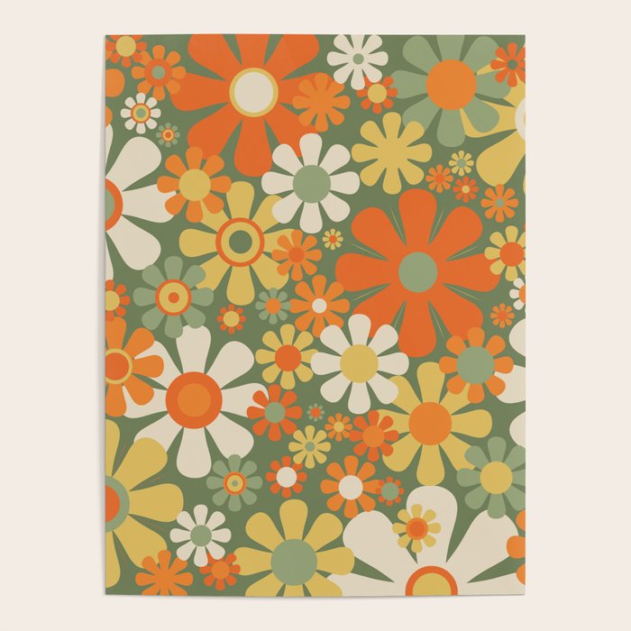 Retro Garden Flowers Groovy 60s 70s Floral Pattern in Mossy Sage Green Orange Yellow Poster Gallery Image 4