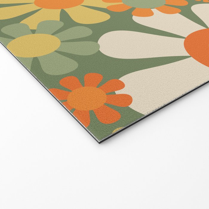 Retro Garden Flowers Groovy 60s 70s Floral Pattern in Mossy Sage Green Orange Yellow Welcome Mat Gallery Image 2