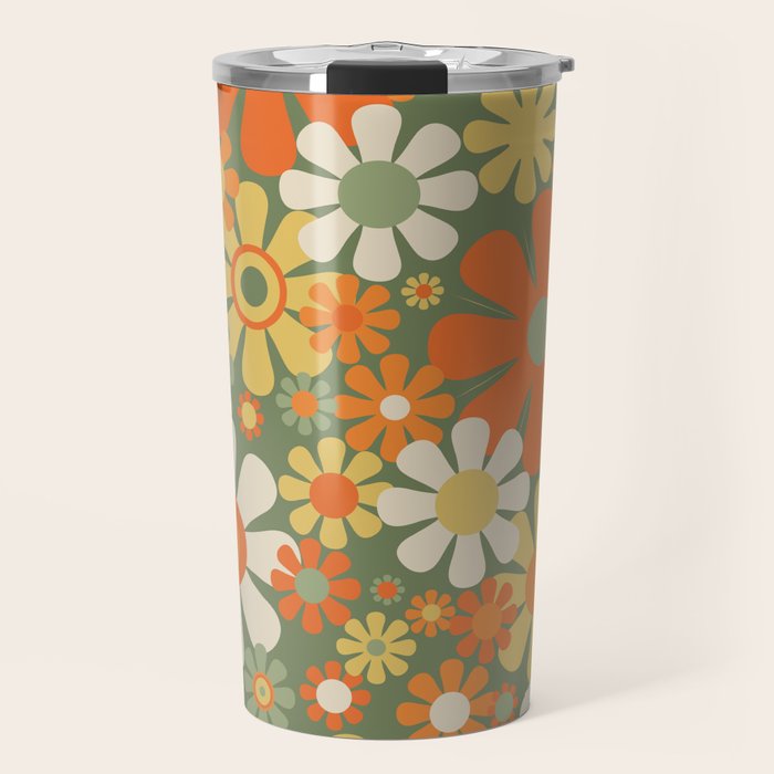 Retro Garden Flowers Groovy 60s 70s Floral Pattern in Mossy Sage Green Orange Yellow Travel Mug Gallery Image 1