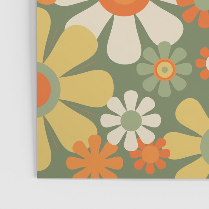 Retro Garden Flowers Groovy 60s 70s Floral Pattern in Mossy Sage Green Orange Yellow Poster Gallery Image 3