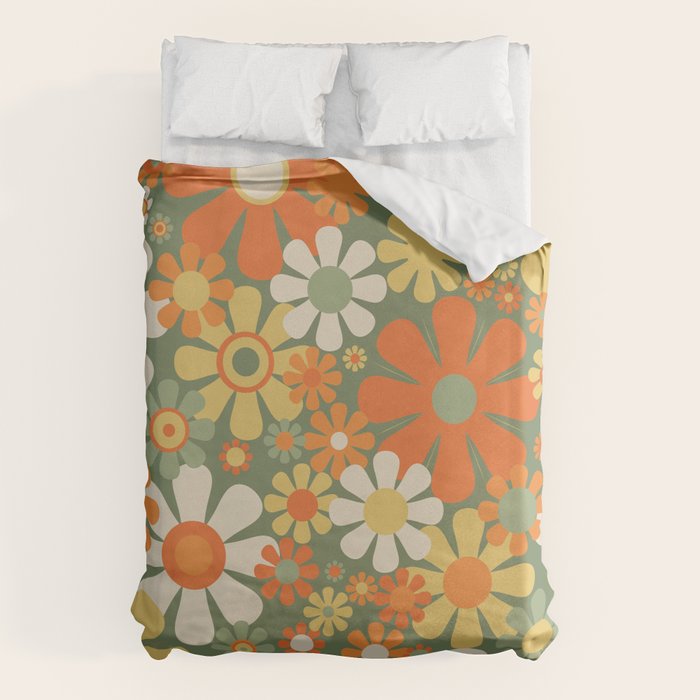 Retro Garden Flowers Groovy 60s 70s Floral Pattern in Mossy Sage Green Orange Yellow Duvet Cover Gallery Image 6