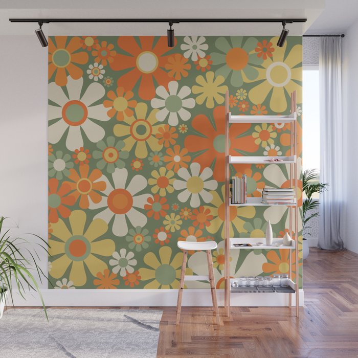 Retro Garden Flowers Groovy 60s 70s Floral Pattern in Mossy Sage Green Orange Yellow Wall Mural Gallery Image 1
