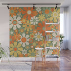 Retro Garden Flowers Groovy 60s 70s Floral Pattern in Mossy Sage Green Orange Yellow Wall Mural Gallery Image 1