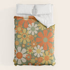 Retro Garden Flowers Groovy 60s 70s Floral Pattern in Mossy Sage Green Orange Yellow Comforter Gallery Image 6
