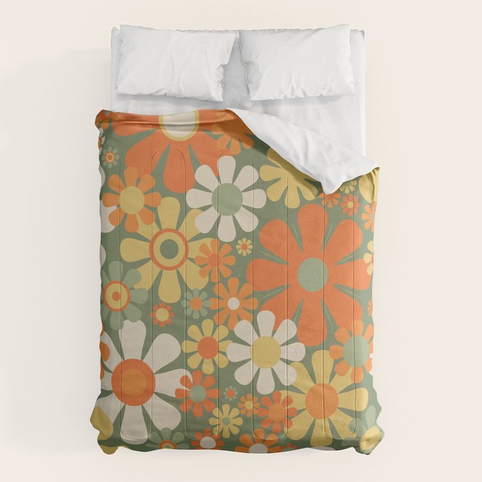 Retro Garden Flowers Groovy 60s 70s Floral Pattern in Mossy Sage Green Orange Yellow Comforter Gallery Image 6