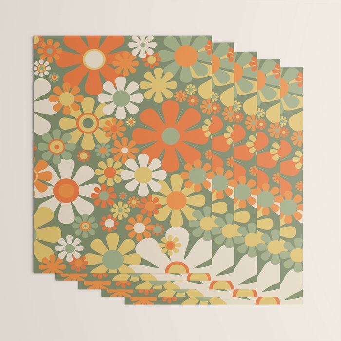 Retro Garden Flowers Groovy 60s 70s Floral Pattern in Mossy Sage Green Orange Yellow Wrapping Paper Gallery Image 3