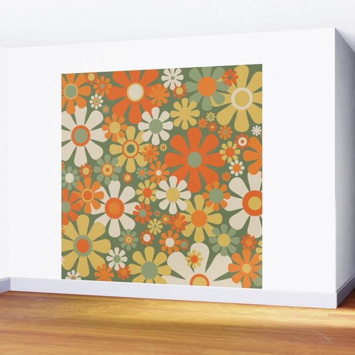 Retro Garden Flowers Groovy 60s 70s Floral Pattern in Mossy Sage Green Orange Yellow Wall Mural Gallery Image 2