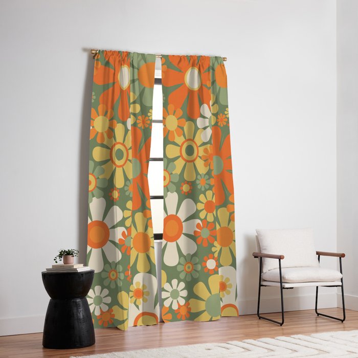 Retro Garden Flowers Groovy 60s 70s Floral Pattern in Mossy Sage Green Orange Yellow Window Curtain Gallery Image 2