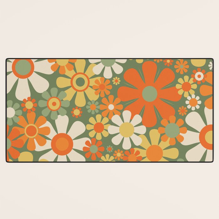 Retro Garden Flowers Groovy 60s 70s Floral Pattern in Mossy Sage Green Orange Yellow Desk Mat Gallery Image 3