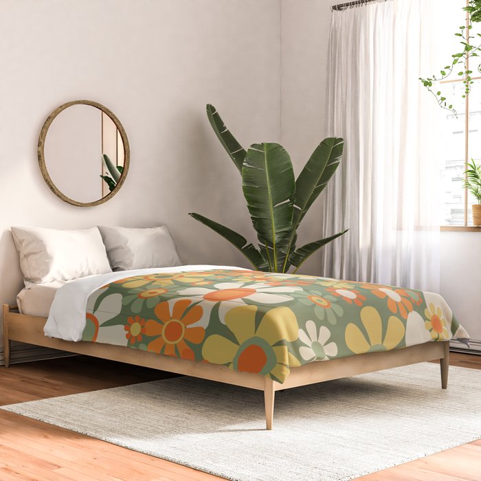 Retro Garden Flowers Groovy 60s 70s Floral Pattern in Mossy Sage Green Orange Yellow Comforter Gallery Image 2
