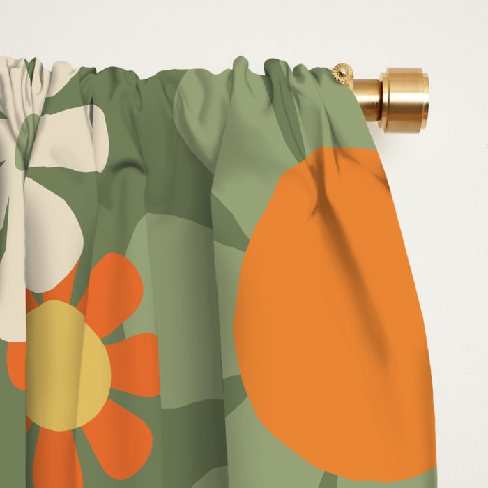 Retro Garden Flowers Groovy 60s 70s Floral Pattern in Mossy Sage Green Orange Yellow Window Curtain Gallery Image 2