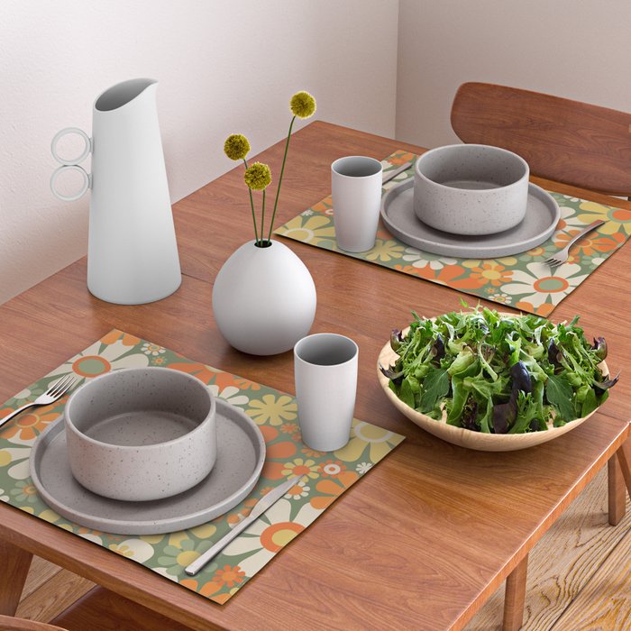 Retro Garden Flowers Groovy 60s 70s Floral Pattern in Mossy Sage Green Orange Yellow Placemat Gallery Image 2