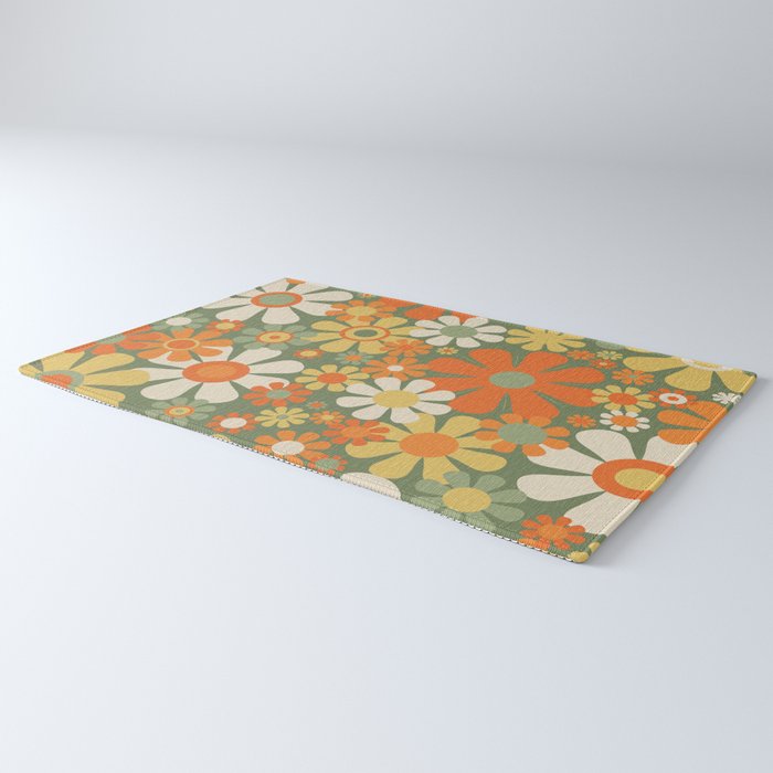 Retro Garden Flowers Groovy 60s 70s Floral Pattern in Mossy Sage Green Orange Yellow Rug Gallery Image 3