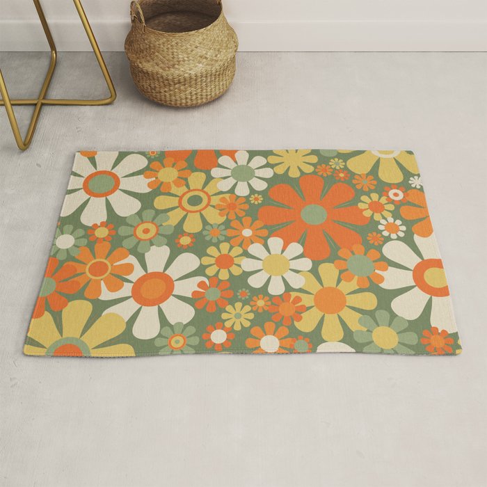 Retro Garden Flowers Groovy 60s 70s Floral Pattern in Mossy Sage Green Orange Yellow Rug Gallery Image 1