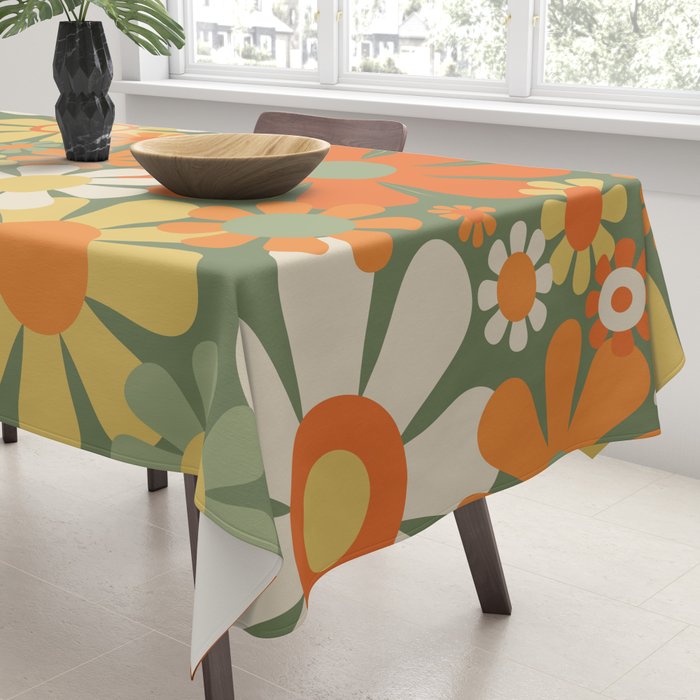 Retro Garden Flowers Groovy 60s 70s Floral Pattern in Mossy Sage Green Orange Yellow Tablecloth Gallery Image 3