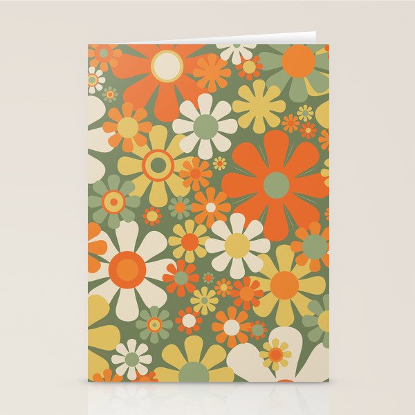 Retro Garden Flowers Groovy 60s 70s Floral Pattern in Mossy Sage Green Orange Yellow Stationery Card Gallery Image 1