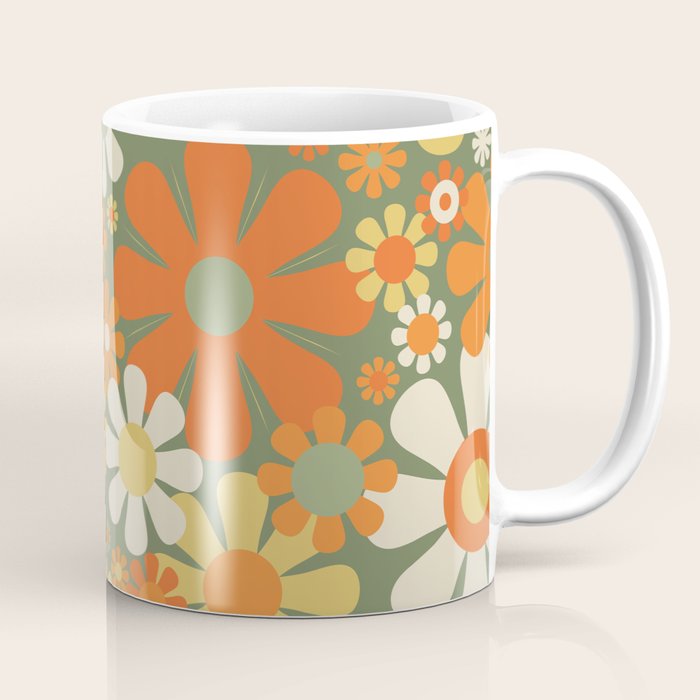 Retro Garden Flowers Groovy 60s 70s Floral Pattern in Mossy Sage Green Orange Yellow Coffee Mug Gallery Image 1