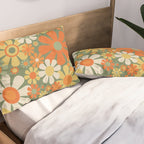 Retro Garden Flowers Groovy 60s 70s Floral Pattern in Mossy Sage Green Orange Yellow Pillow Sham Gallery Image 2